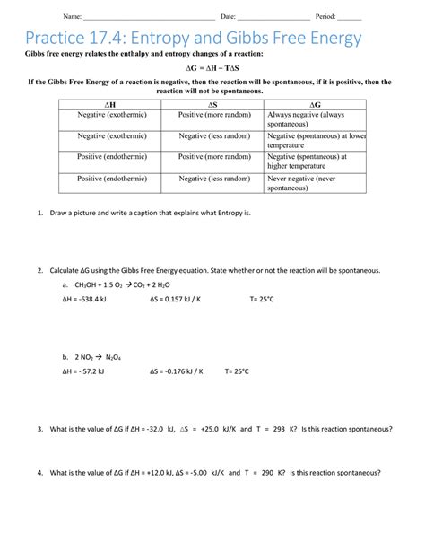 gibbs free energy worksheet with answers